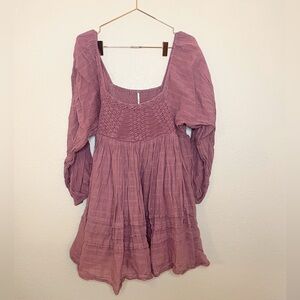 Free People Ari Mini Dress L Dried Currant Pink Crochet Smocked Boho